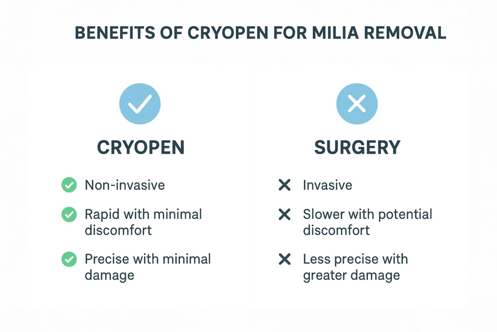 Benefits of cryopen for milia removal Greater London (Hammersmith and Fulham) compared to surgical treatments.