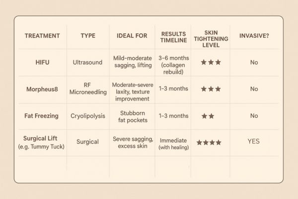 Table showing the comparisons of Skin tightening Greater London (Hammersmith and Fulham) treatment options.